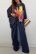 Women Round Neck Drawstring Printed Irregular Long Top+ Pants Casual Suit