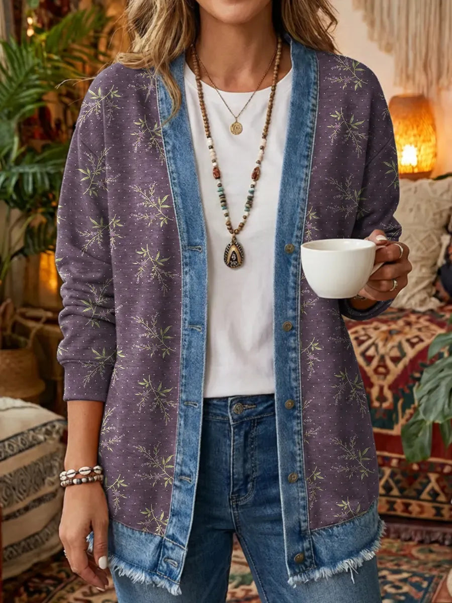 Ethnicity Purple Flowers Women's Art Print Casual Long Sleeve Denim Patchwork Shirt Coat