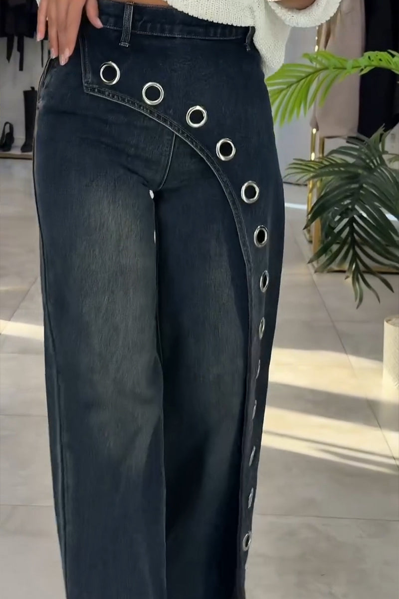 Women's Fashion Asymmetric Metal Hollow-Out Decoration Wide Leg Jeans