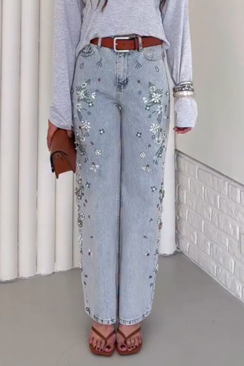 Women's Nail Bead Washed Casual Jeans