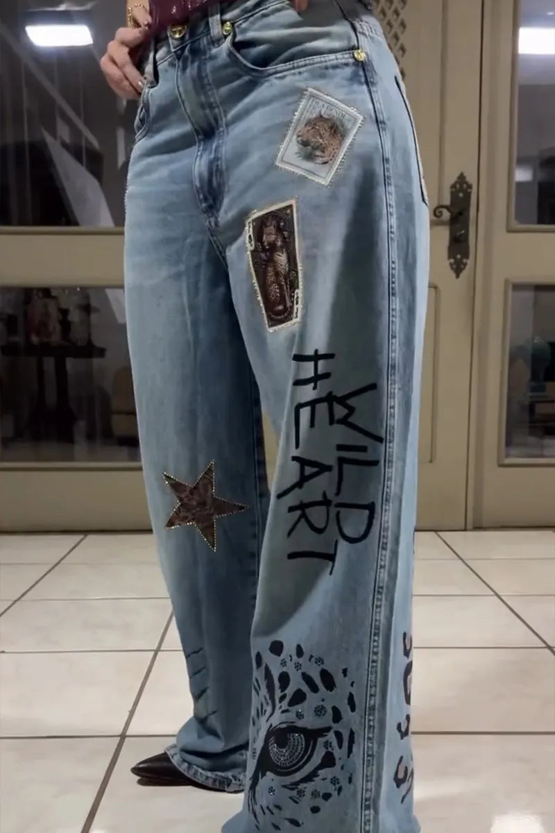 Women's Casual Pattern Print Rhinestone Trim Jeans