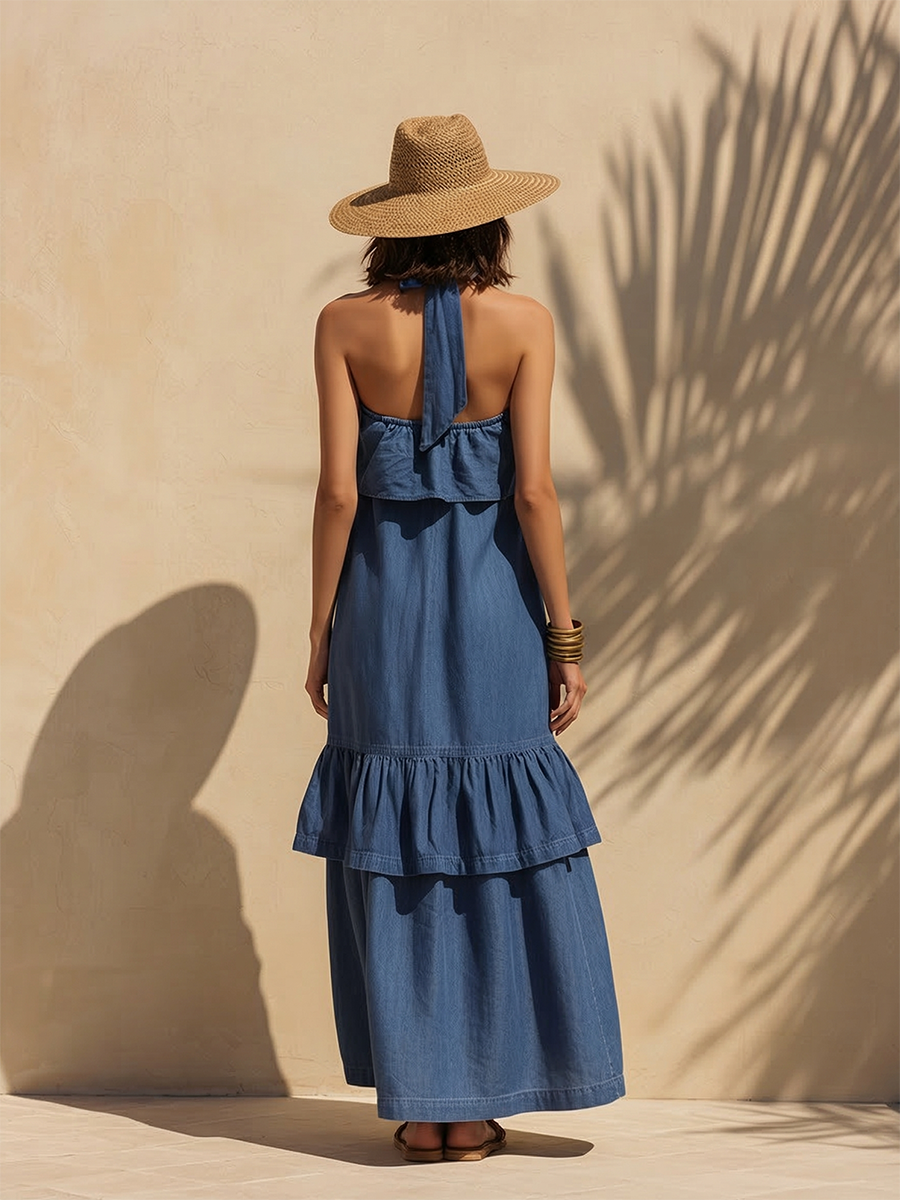 Elegant Bohemian Ruffled Sleeveless Denim Maxi Dress
