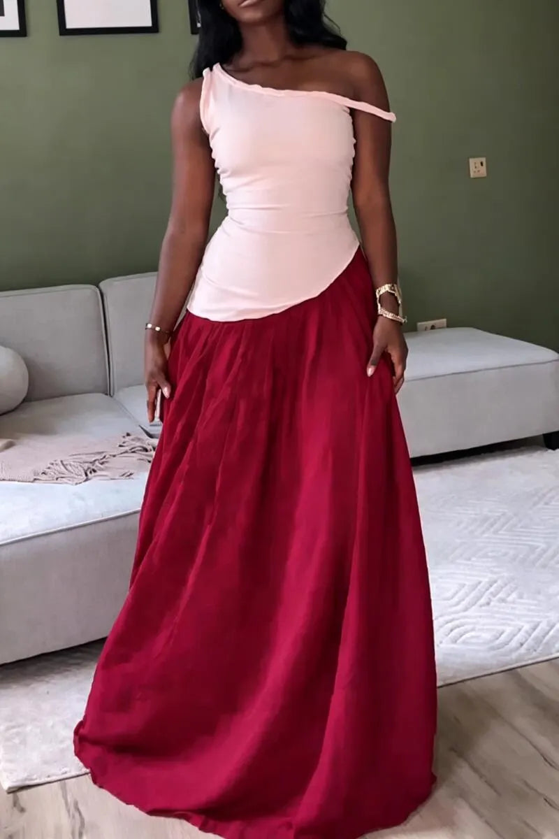 Women Oblique Shoulder Patchwork Waist Cinching Elegant Temperament Dress
