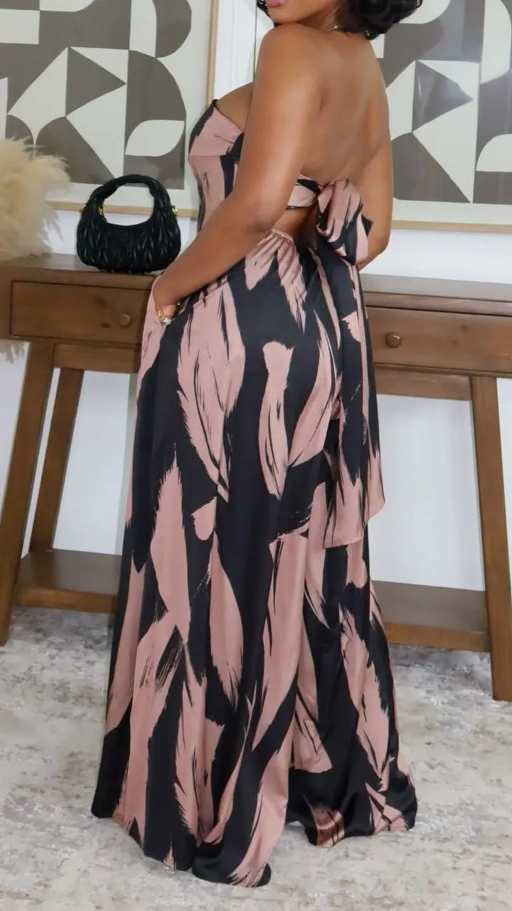 Women Strapless Printed Waist Cinching Style Casual Wide Leg Jumpsuit