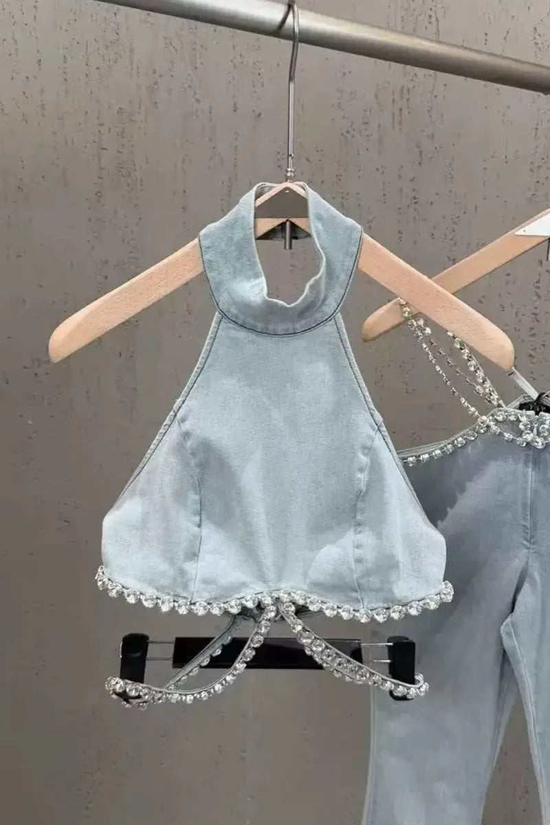 Women's Sparkling Rhinestone Trim Denim Halter Top Or High Waist Flare Pants