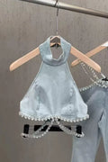Women's Sparkling Rhinestone Trim Denim Halter Top Or High Waist Flare Pants