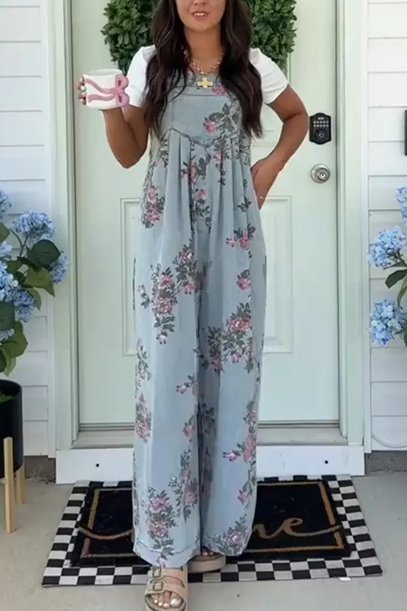 Women's Printed Casual Denim Jumpsuit