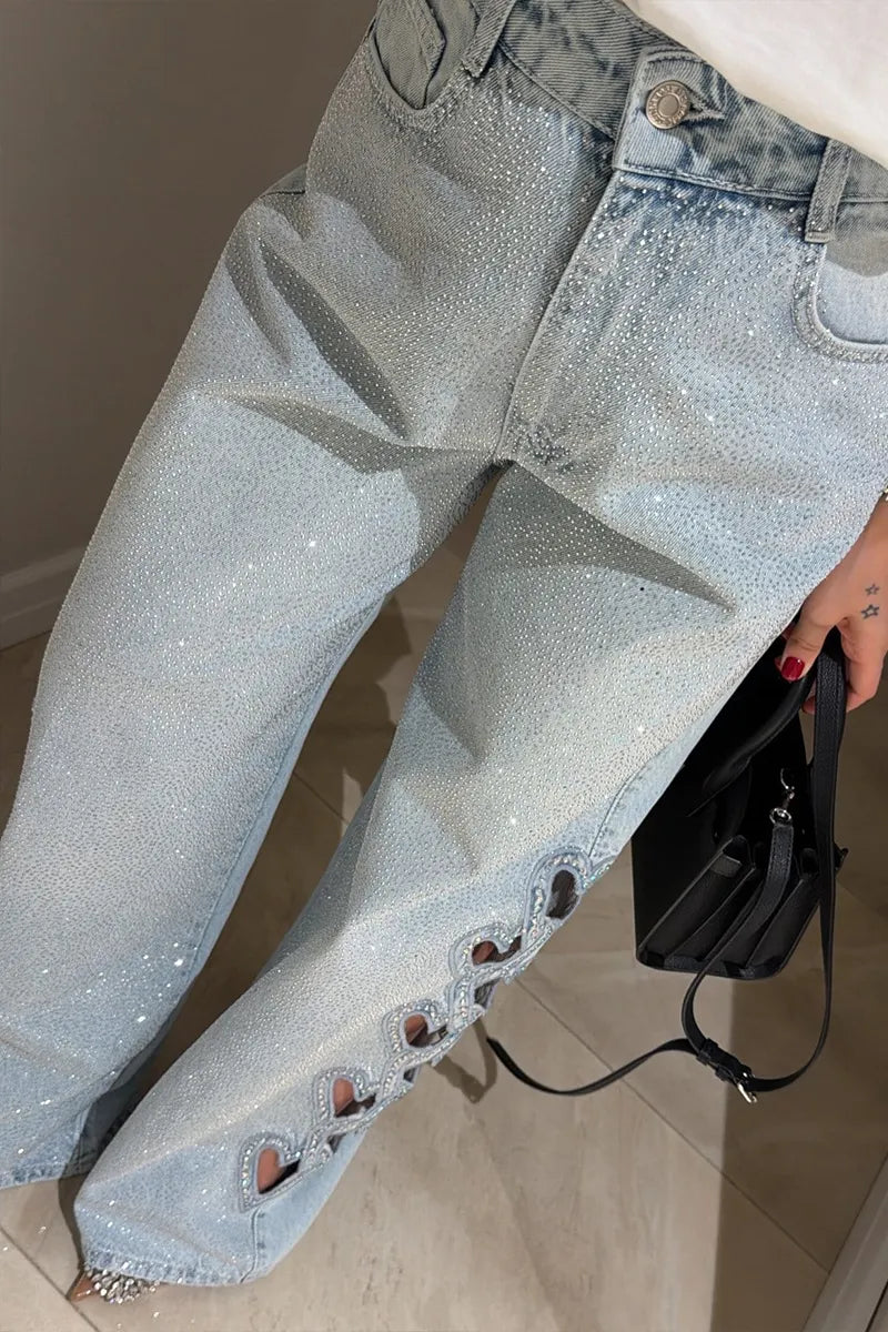 Women's Fashion Rhinestone Heart Cutout Trim Wide Leg Jeans
