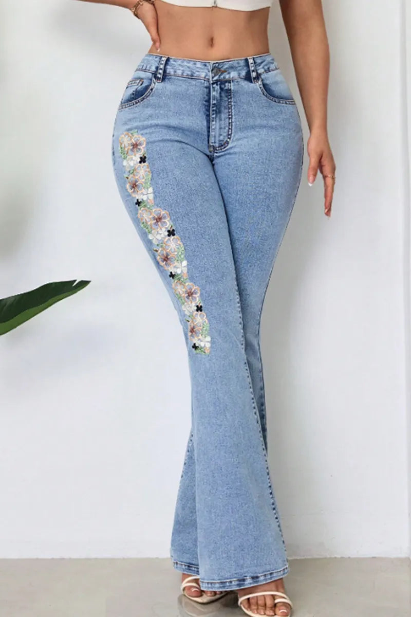 Women's Vintage Embroidery Flared High Waist Jeans