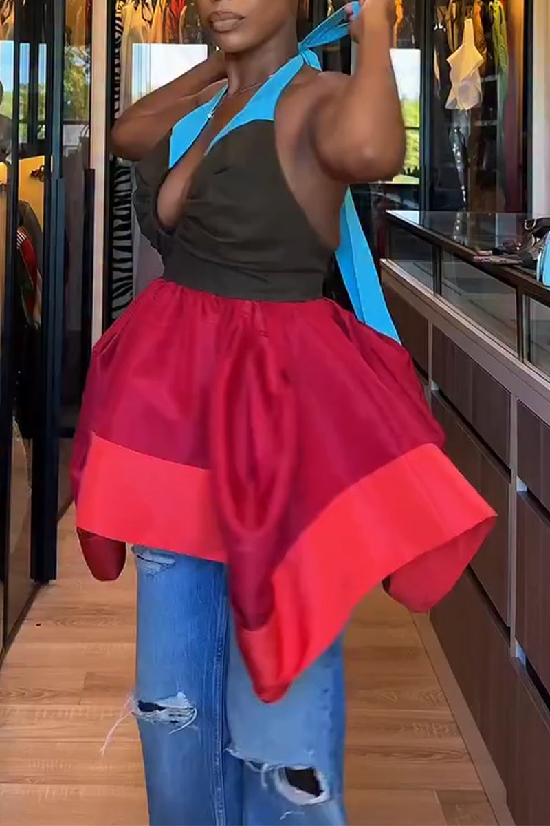 Women Neck Hanging Splicing Color Collision Sexy Casual Irregular Top