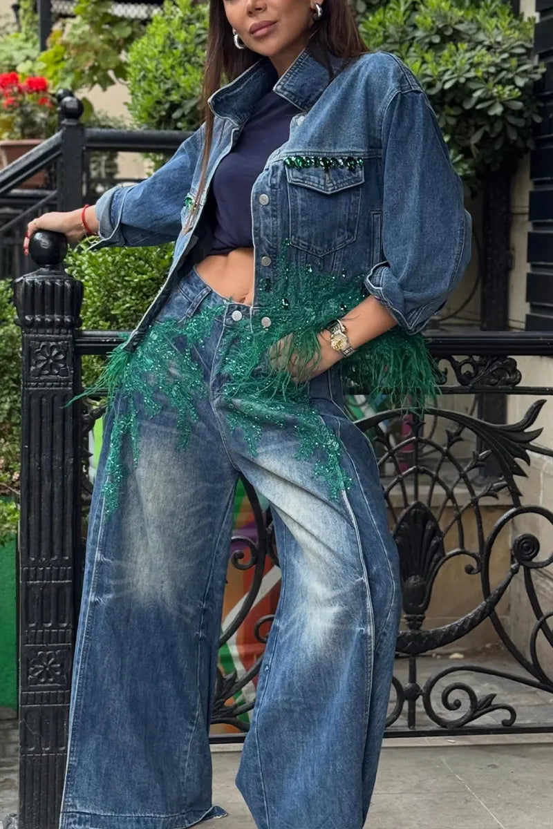 Women's Oversized Denim Jacket or Wide-Leg Jeans with Green Feather & Crystal Embellishments