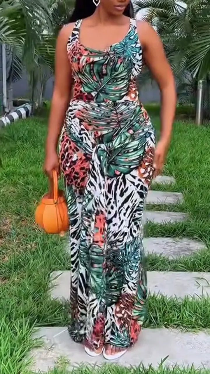 Women U-neck Printed Vacation Casual Style Dress