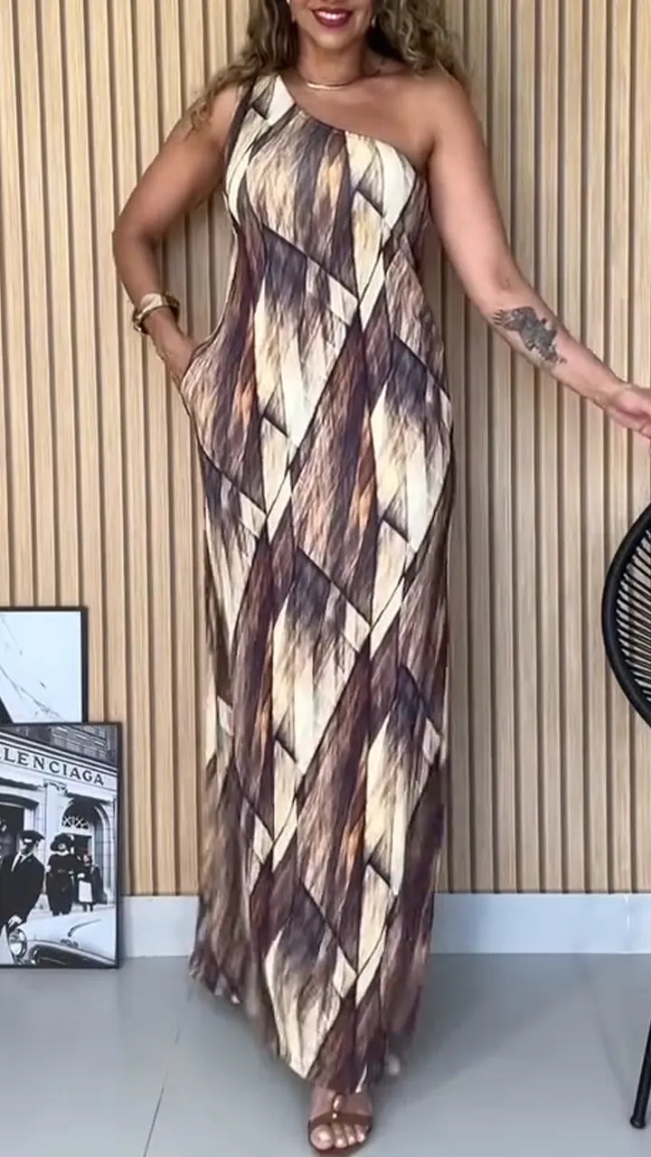 Women One Shoulder Sleeveless Printed Casual Dress with Temperament