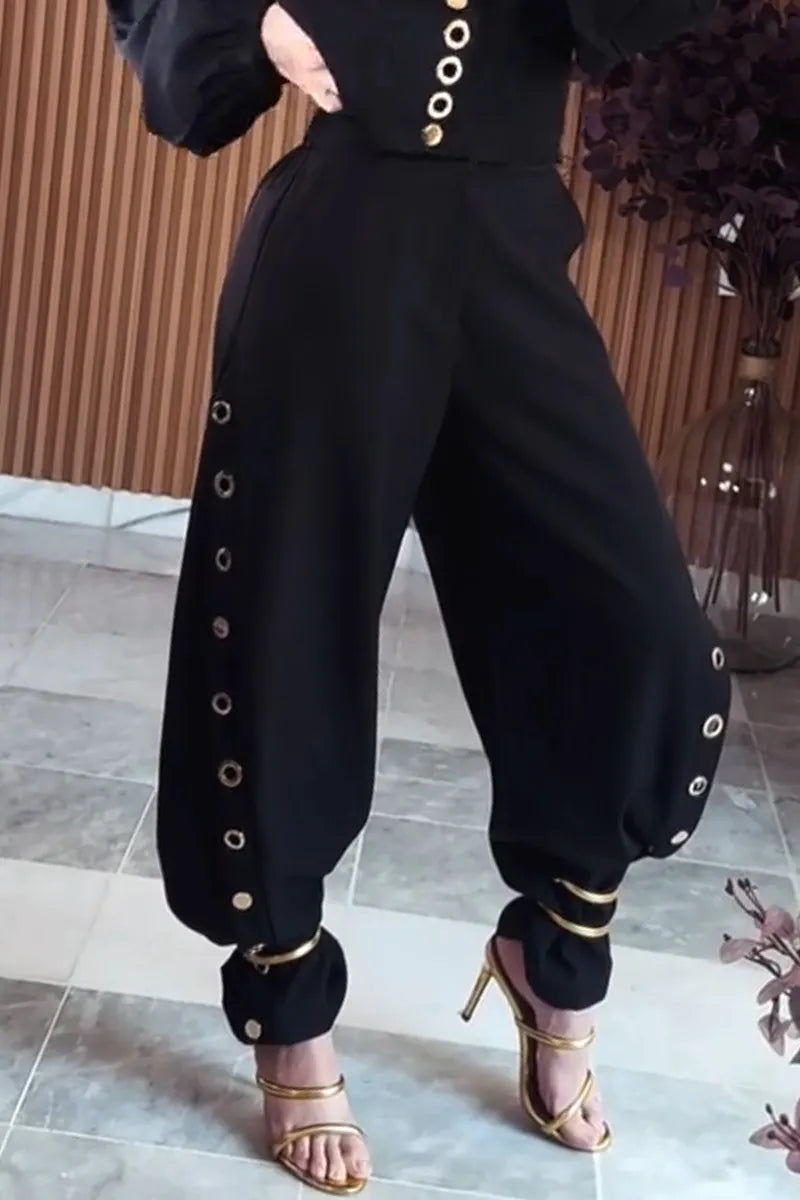 Women's Round Neck Metal Hollow Jacket+ Pants Temperament Casual Suit