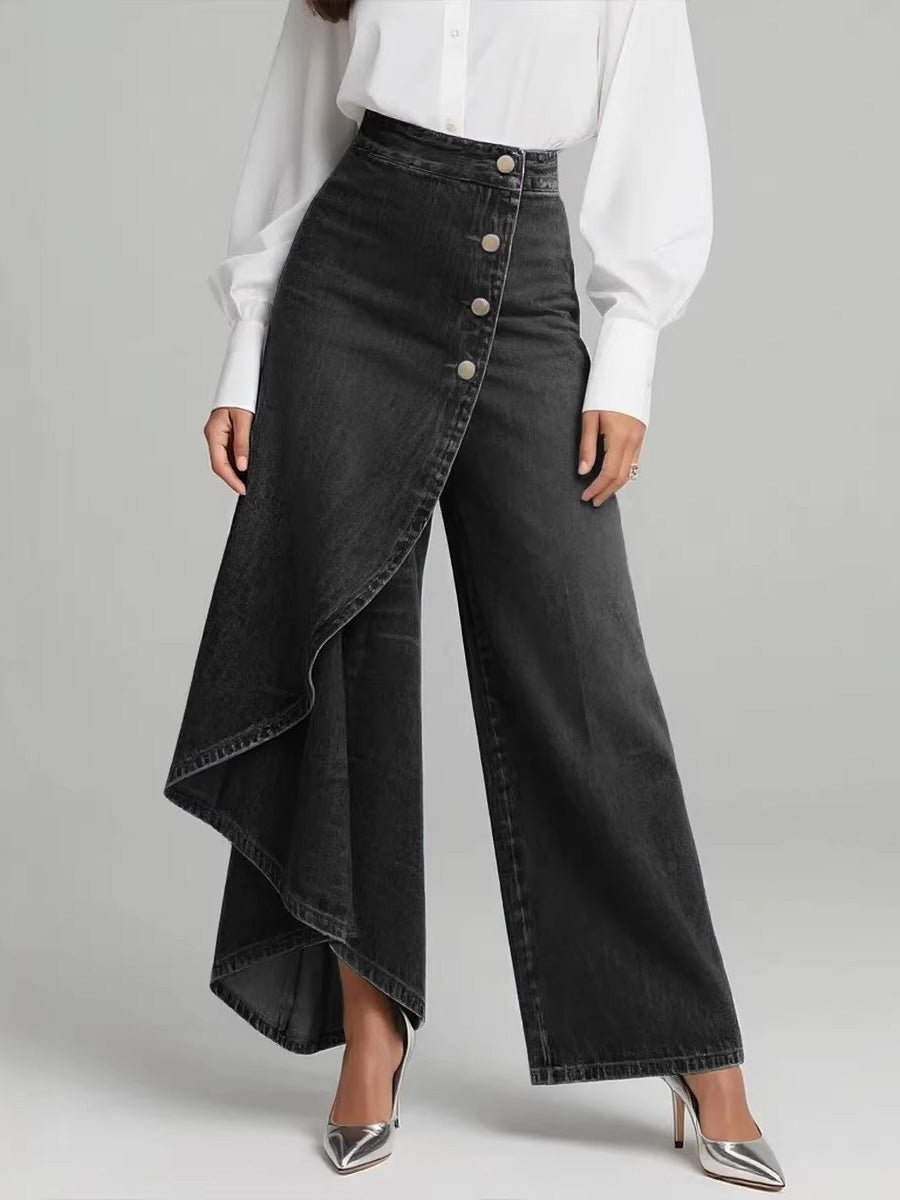 Buttoned Layered Pockets Solid Color Split-Joint High Waisted Irregularity Jean Pants Bottoms