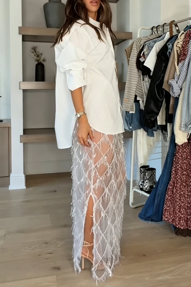 Women's Fashion Classic Loose Shirt or Sequins Fringe Skirt