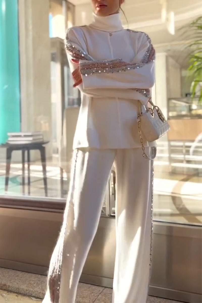 Women's Casual Standing Collar Side Sequin Patchwork Top or Pants