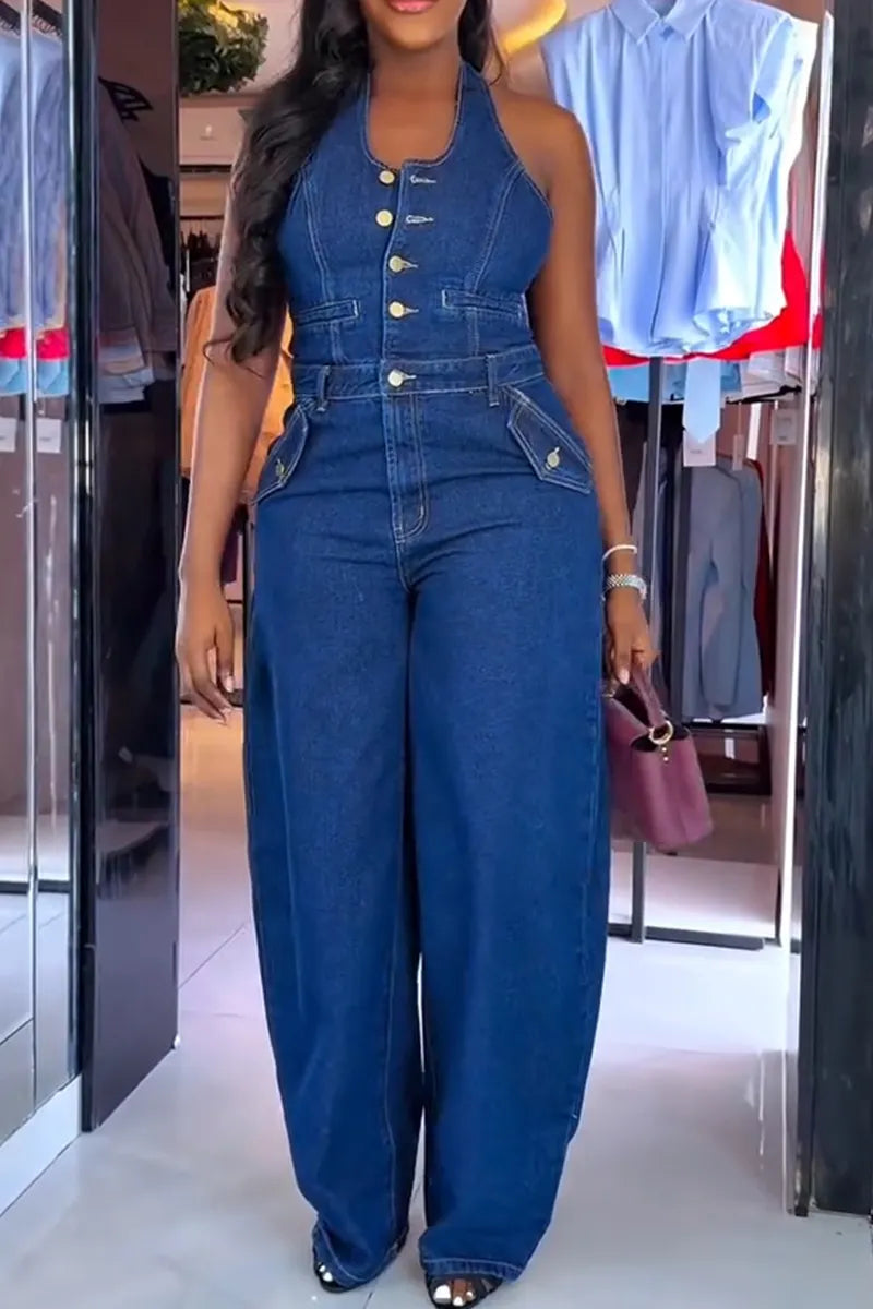 Women's Casual Summer Halter Button Front Backless Denim Jumpsuit