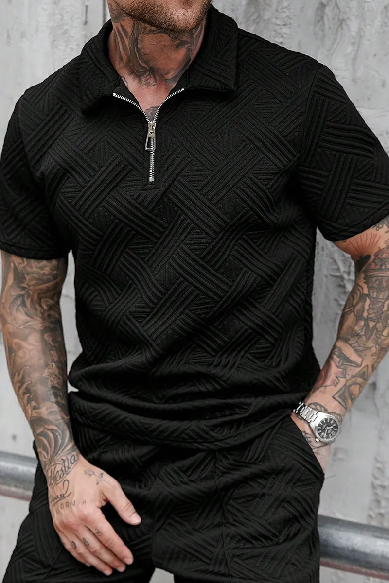 Men's Summer Casual Lapel Collar Full Zip Vertical Seam Detail Short Sleeve Shirt Or Elastic Drawstring Waist Vertical Stitch Side Pocket Casual Shorts