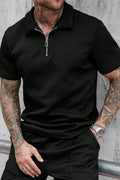 Men's Summer Casual Lapel Collar Full Zip Vertical Seam Detail Short Sleeve Shirt Or Elastic Drawstring Waist Vertical Stitch Side Pocket Casual Shorts