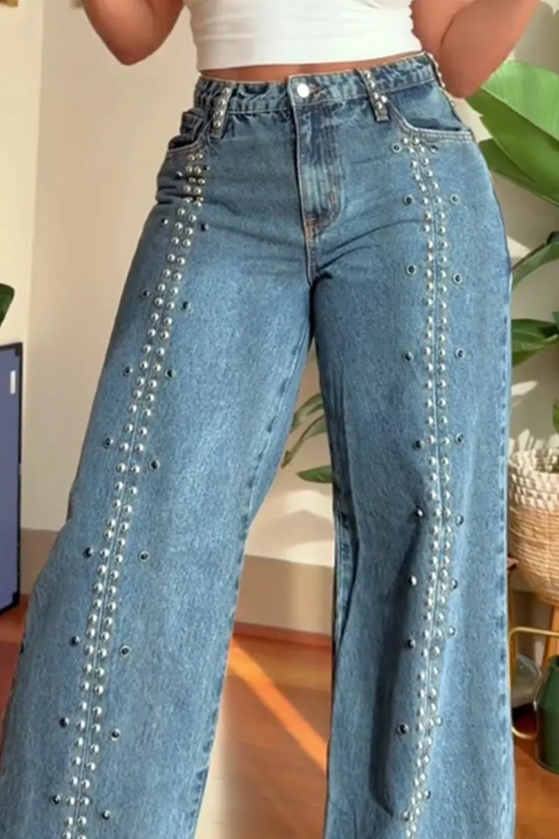 Women's Relaxed Fit Studded Wide Leg Jeans