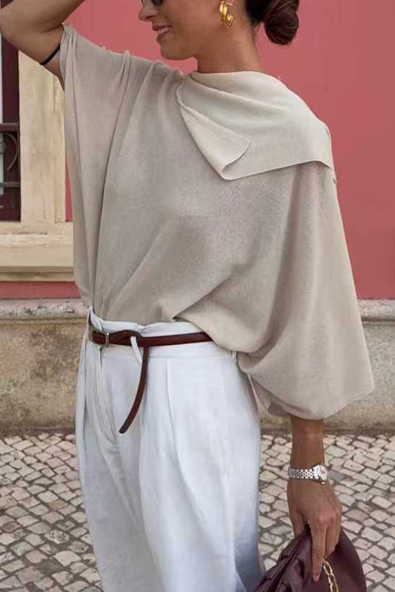 Women Round Neck Irregular Solid Color Casual Top