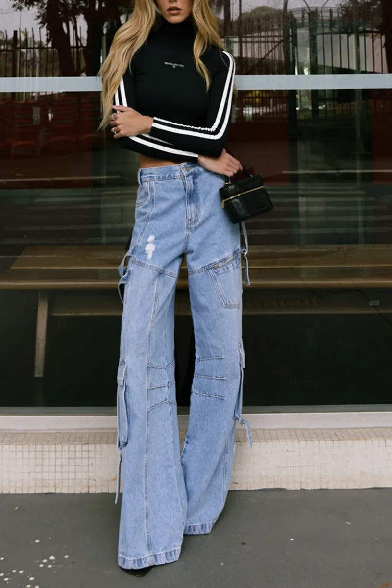 Women's Street Fashion Wide Leg Washed Cargo Jeans
