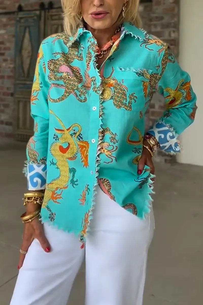 Women Collar Dragon Print Casual Shirt