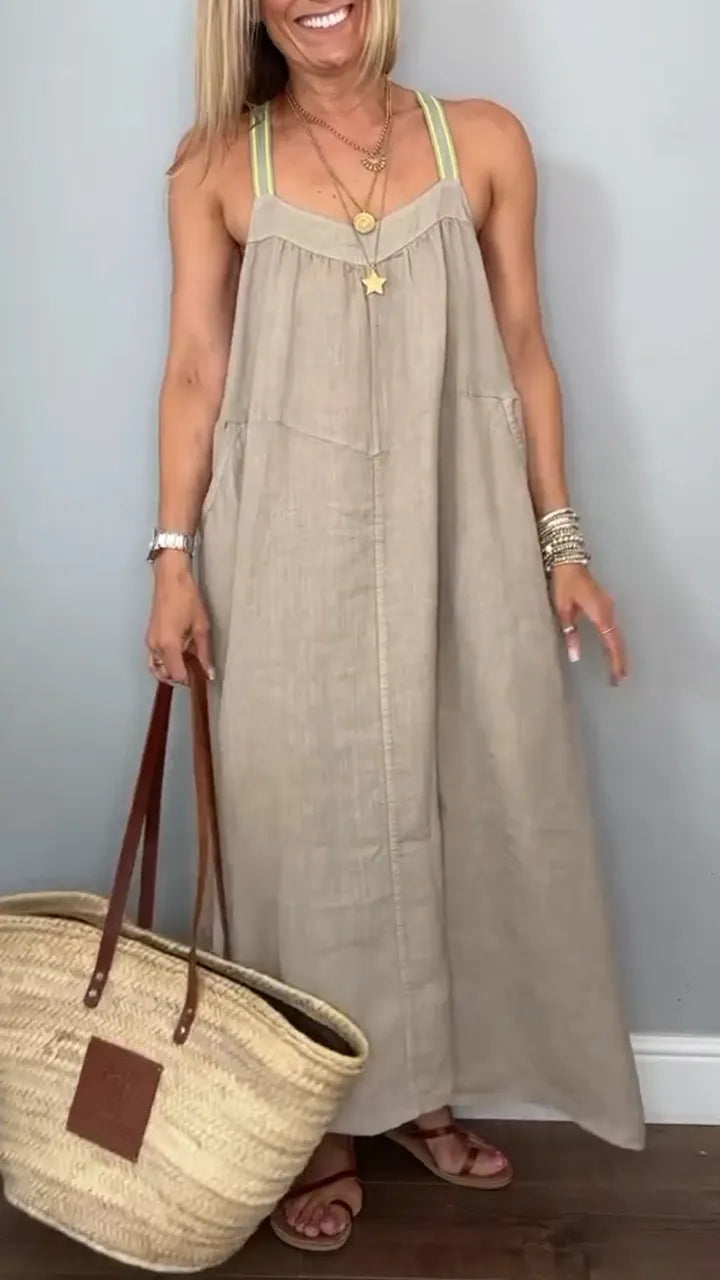 Ladies' Suspender Cotton Linen Loose Casual Dress