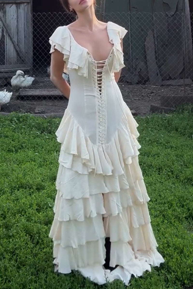 Women's Elegant Tiered Hem Lace-Up Maxi Dress
