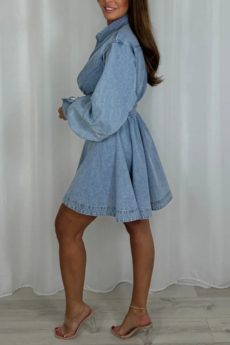 Women Denim Pleated Long Sleeve Belted Dress
