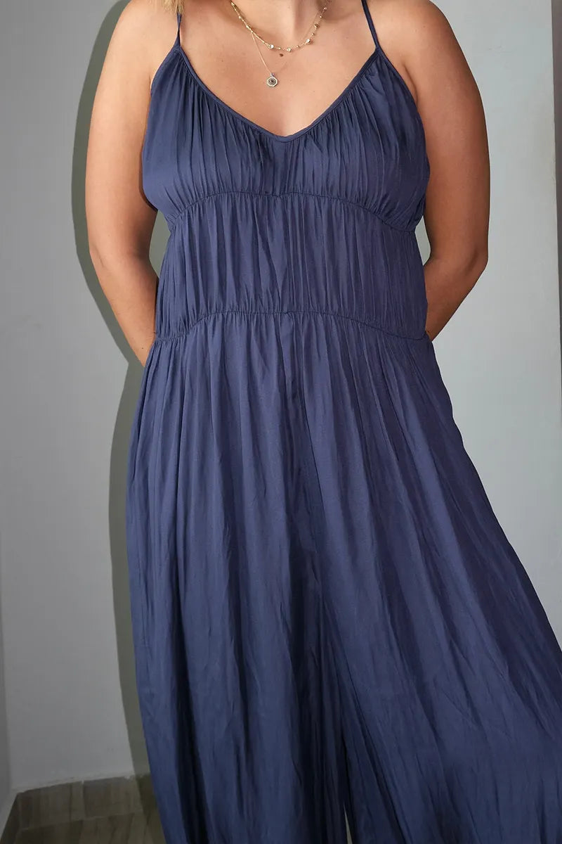 Women's Casual Loose Fit Denim Jumpsuit With Spaghetti Straps And Cuffed Hems