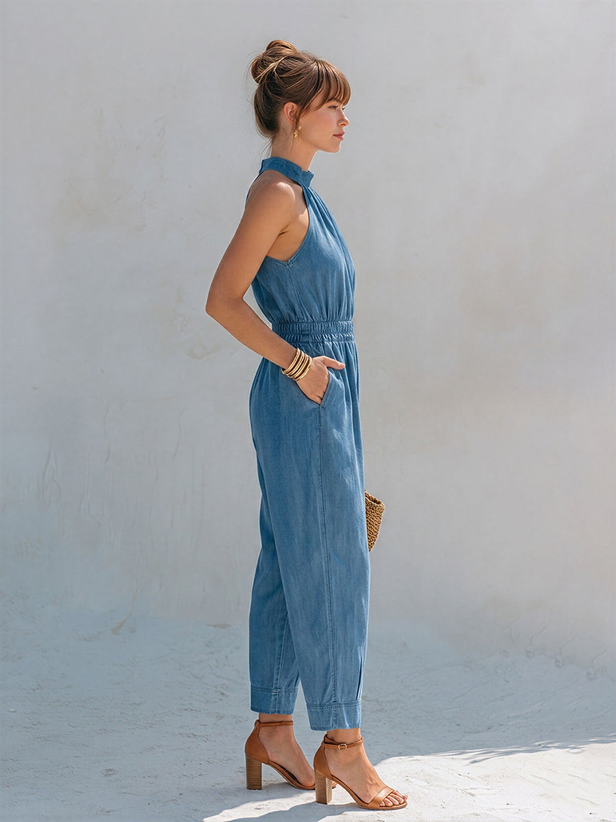 Chic Vacation-Style Mock Neck Sleeveless Denim Jumpsuit