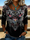 Women's Floral Print Casual Hollow Denim Shirt