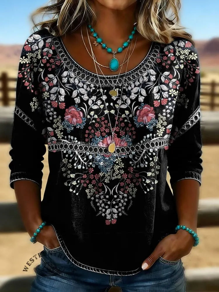 Women's Floral Print Casual Hollow Denim Shirt