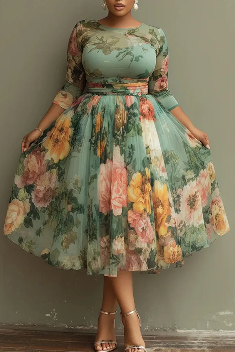 Ladies' Fashionable Leisure Vacation Sage Green Floral Round Neck 3/4 Sleeves Sheer Sheer Mid Length Skirt