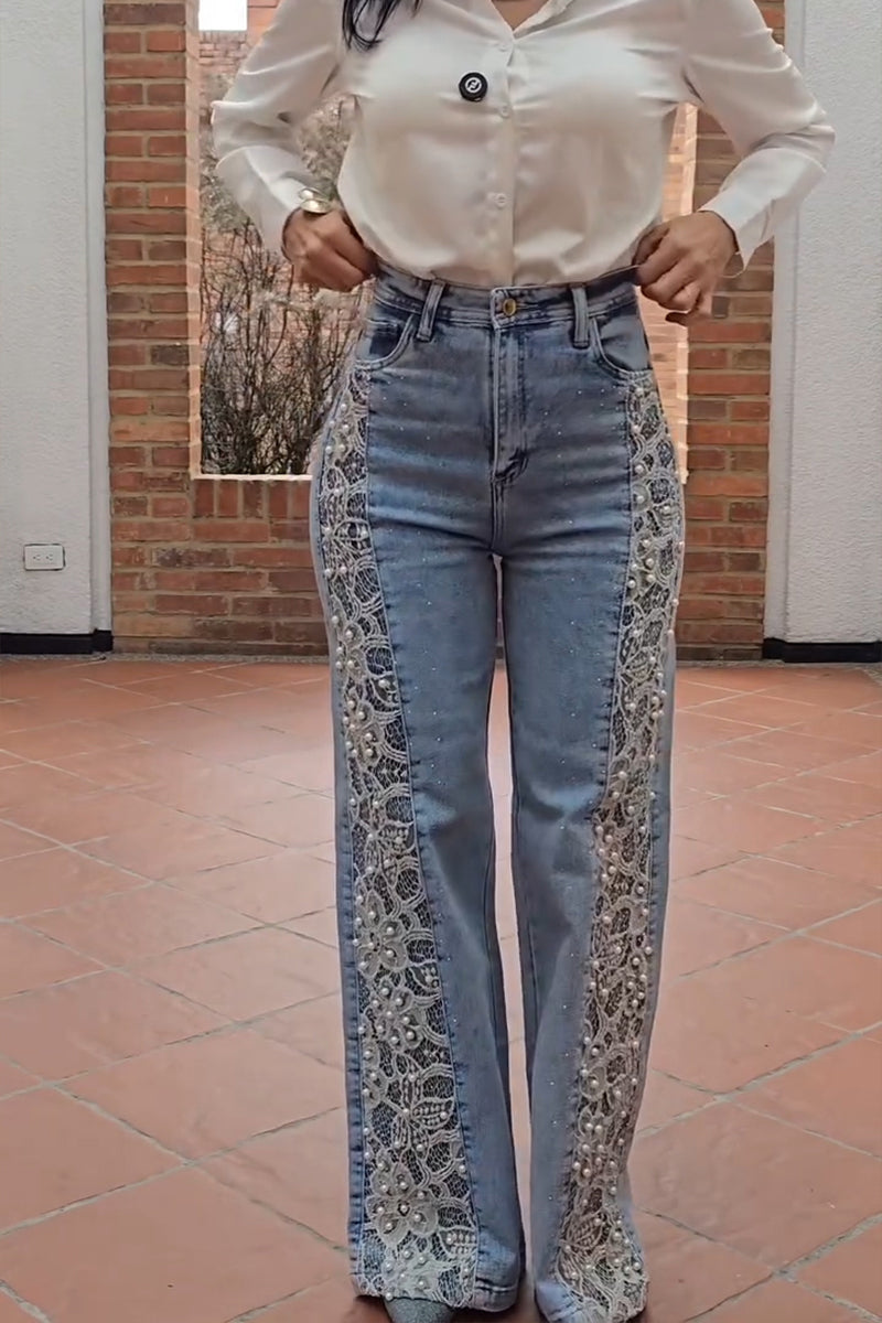 Women's Fashion Lace Patchwork Beads Decoration Wide Leg Jeans