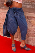 Women Wrap Tie Waist Irregular Patchwork Denim Cropped Jogger Jeans Asymmetric Split Baggy Capri