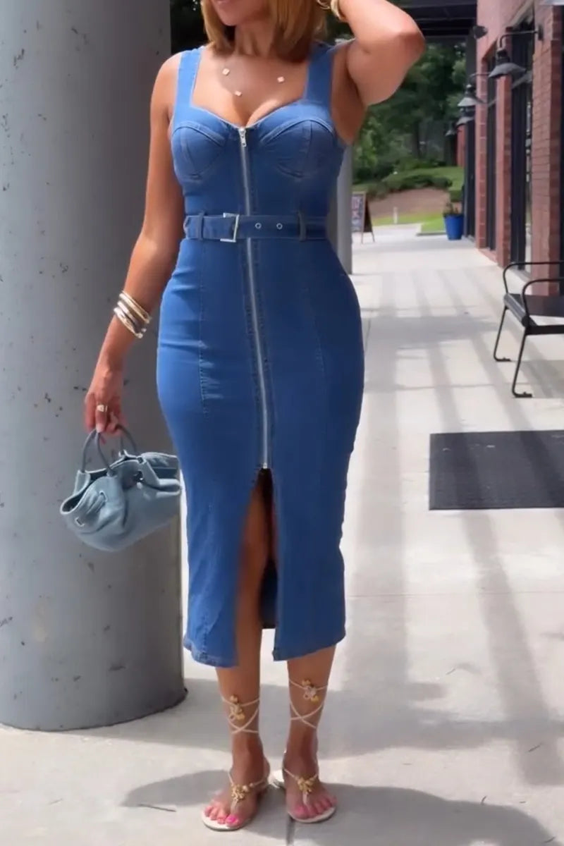 Women's Casual Slim Fit Zipper Cami Denim Dress with Belt