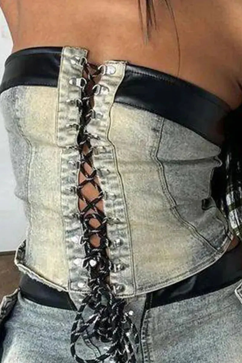 Women Acid Washed Denim PU Contrast Trim Strapless Crisscross Lace Up Corset Top Or Acid Washed Denim PU Trim High Waist Side Cargo Pocket Slim Denim Shorts