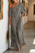 Women's Vacation Stripe Asymmetric Neckline Puff Sleeve Maxi Dress