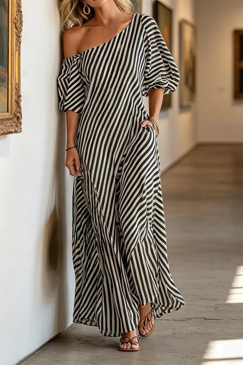 Women's Vacation Stripe Asymmetric Neckline Puff Sleeve Maxi Dress