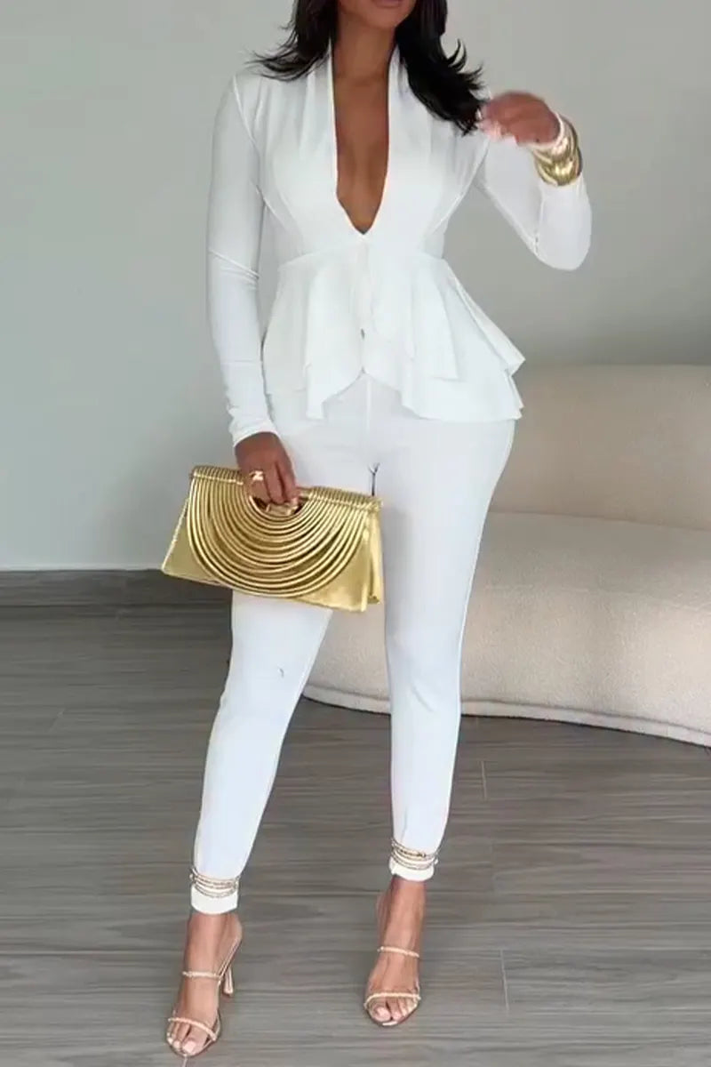 Women's Casual Ruffle Hem V-Neck Shirt Slim Pants Two-Piece Set