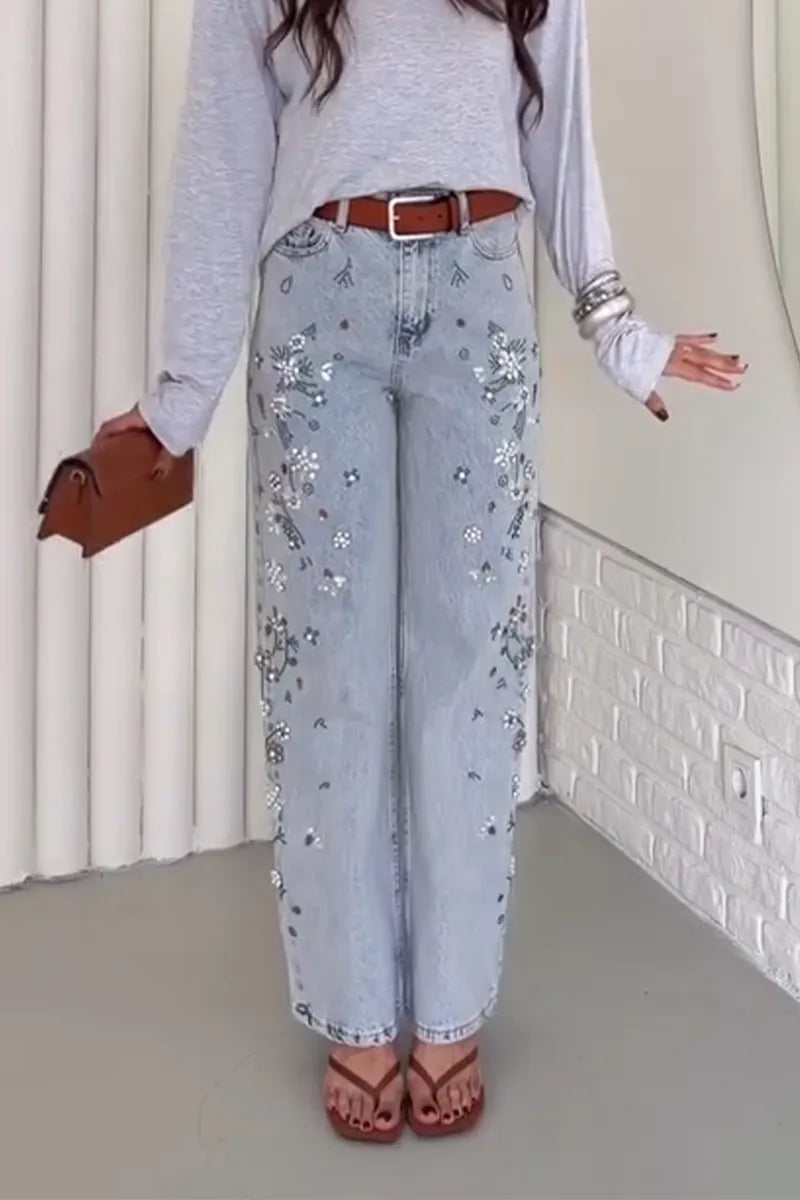 Women's Nail Bead Washed Casual Jeans