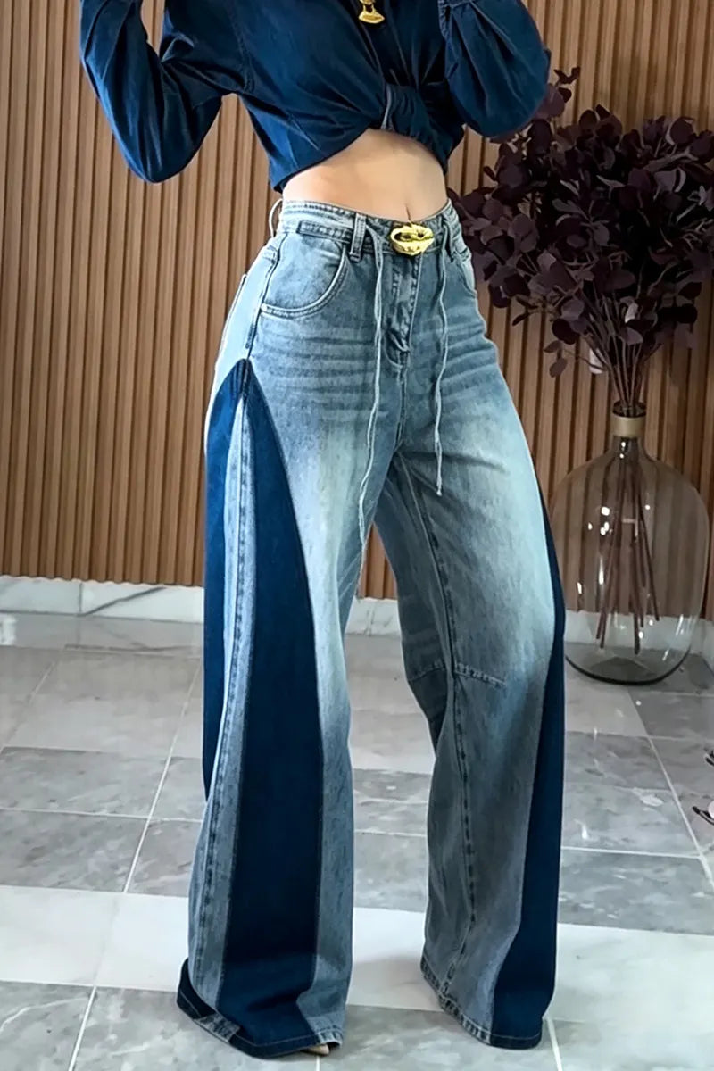 Women's Casual Color Block Wash Wide Leg Jeans