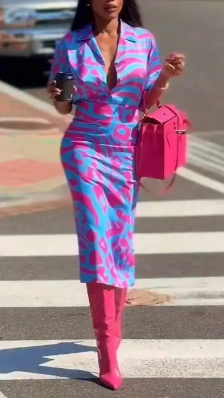 Women Collar Cinched Waist Print Elegant Temperament Dress