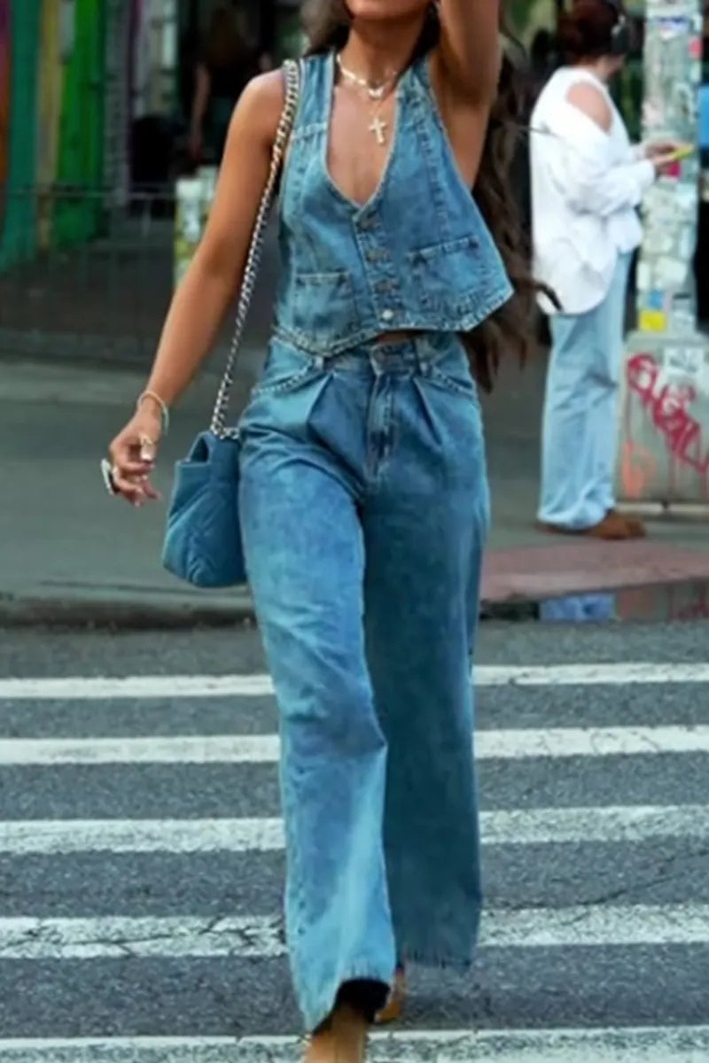 Women's Sleeveless Vest With Pockets Denim Top Or Wide Leg Jeans