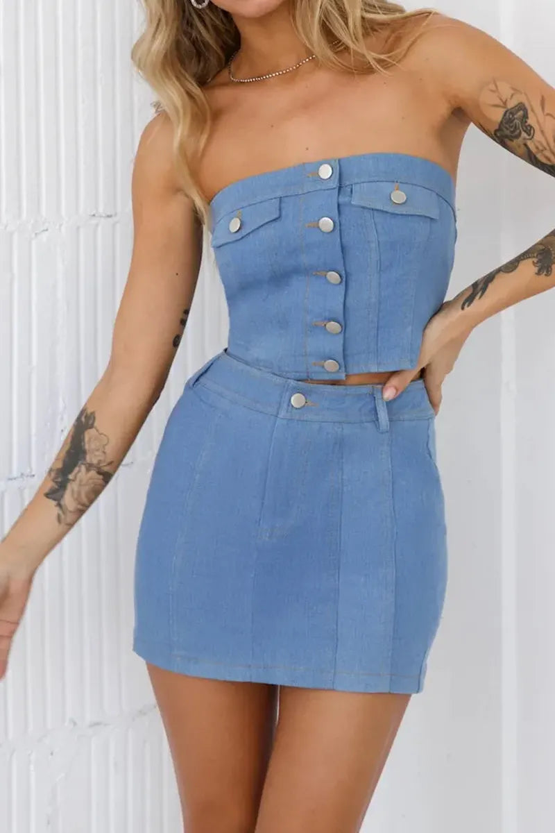 Women's Strapless Button Up Top Or  Short Denim Skirt