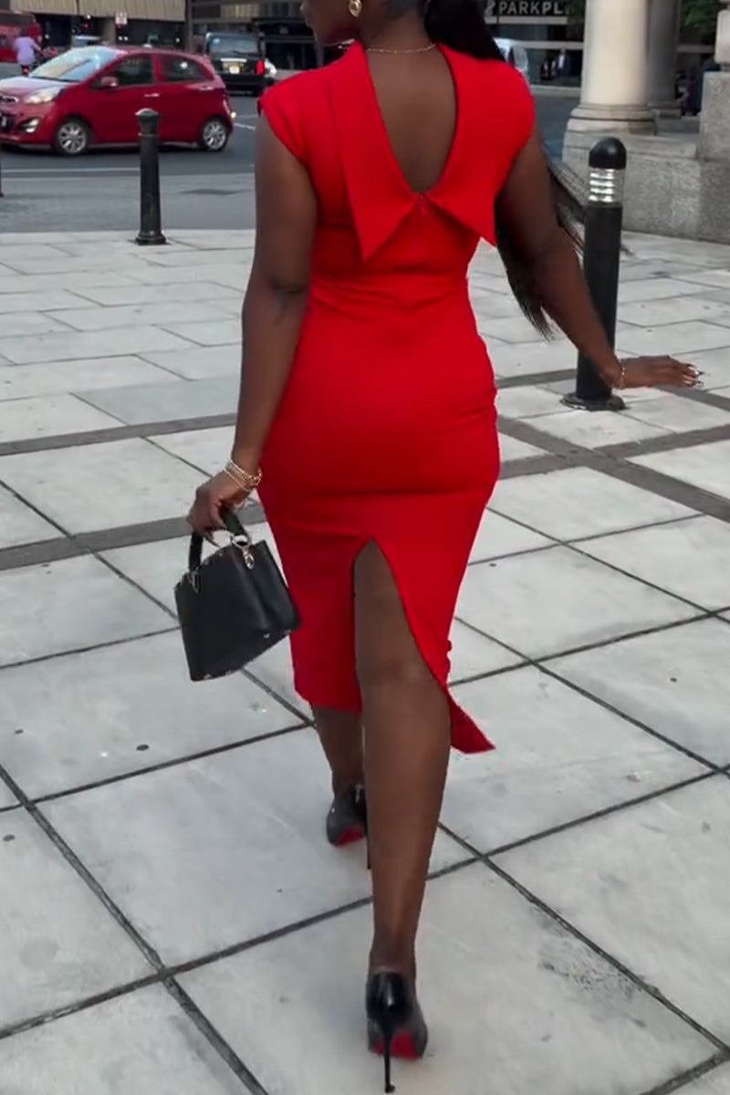 Women's Round Neck Solid Color Slit Slim Fit Elegant Temperament Dress