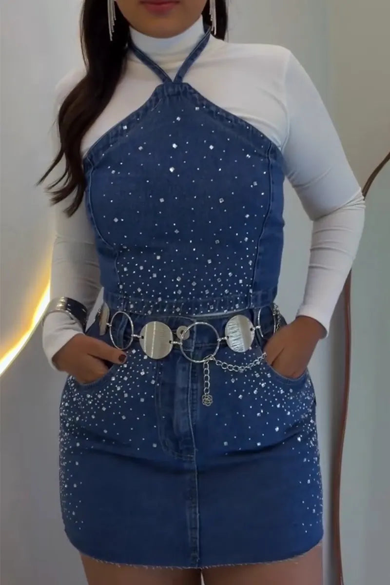 Women's Neck Hanging Rhinestone Denim Top or Rhinestone Denim Skirt
